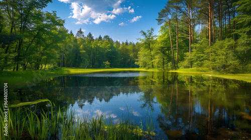 A summer landscape with a small lake in a forest