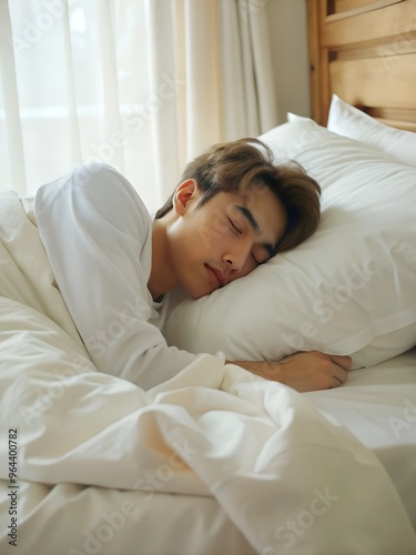 young handsome man sleep on white bed linen