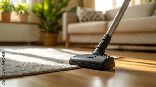 Wallpaper Mural Modern vacuum cleaner on polished wooden floor, close-up view, living room interior, minimalist decor, soft natural lighting, potted plants in background, beige sofa partially visible. Torontodigital.ca