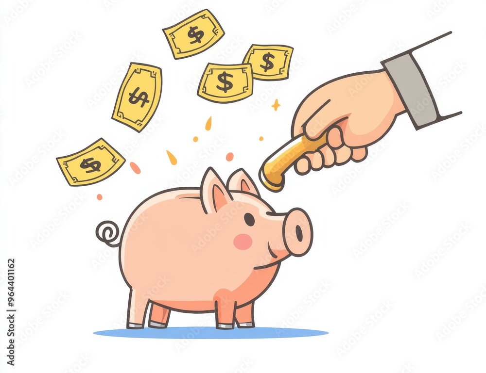 © Georgii - Hand holding a magnet attracting money towards a happy piggy bank with flying dollar bills