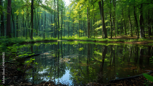 A summer landscape with a small lake in a forest