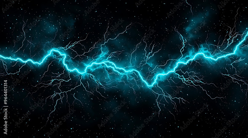 Fototapeta premium A vivid blue lightning bolt slices through a dark sky, with stars shimmering faintly in the background.