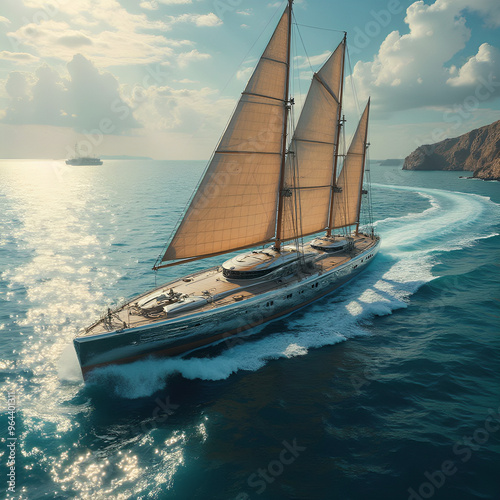 Polished silver sailboat gliding through shimmering ocean waters, surrounded by high-tech gadgets crafted from intricate Egyptian sandstone. The sleek exterior glows in warm sunlight, accompanied by t photo