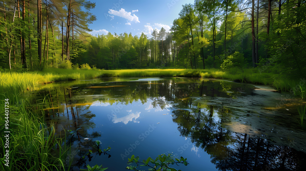 Obraz premium A summer landscape with a small lake in a forest