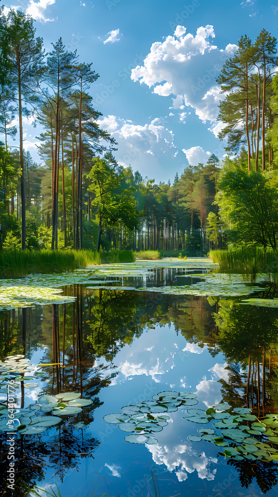 A summer landscape with a small lake in a forest A summer landscape with a small lake in a forest
