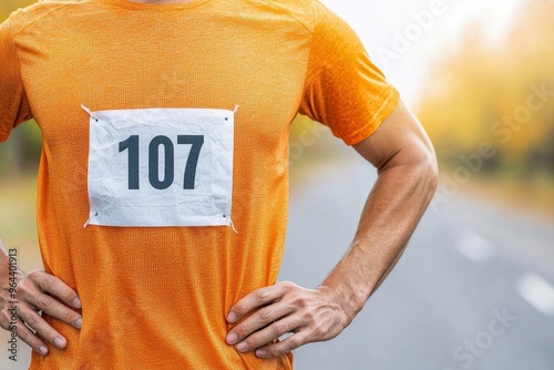 Marathon runner wellness concept. Close-up of a marathon bib number pinned to a runner s chest, with the runner s hands on their hips. photo