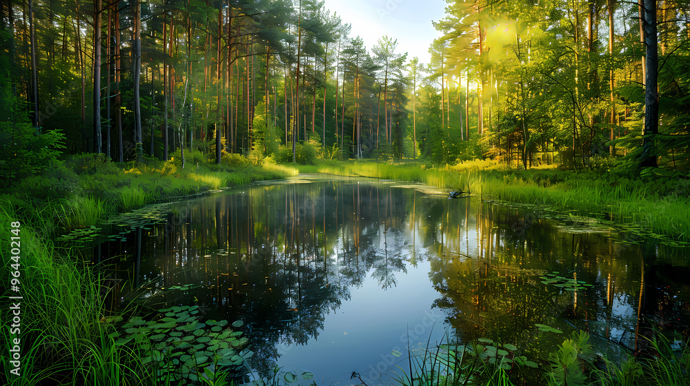 Obraz premium A summer landscape with a small lake in a forest