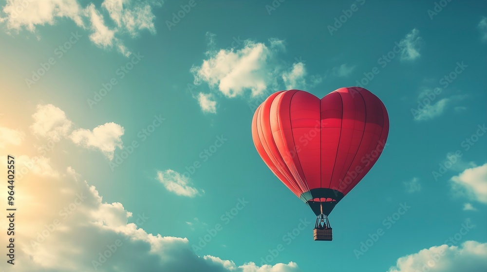 Fototapeta premium a hot air balloon in the shape of a heart flying in the sky