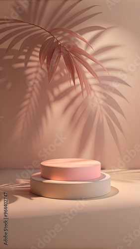 Beige and pink podium summer product empty pedestal or product stand to show cosmetic or fashion platform with leaf shadow on Beige background 3d rendering