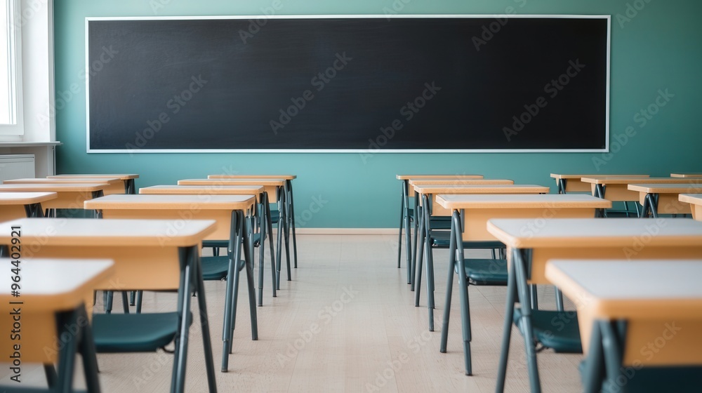 Inviting Classroom Setting, an empty classroom featuring neatly arranged desks and chairs, ample space for text on the blackboard, perfect for educational themes and announcements Inviting Classroom Setting, an empty classroom featuring neatly arranged desks and chairs, ample space for text on the blackboard, perfect for educational themes and announcements