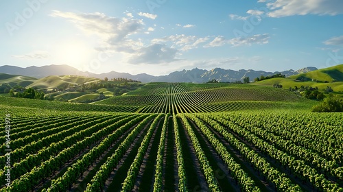 Rows of green vineyards stretch toward mountains, a lush landscape of wine country.