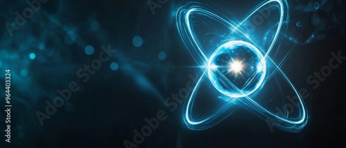 A close-up of a glowing atomic model with electrons orbiting the nucleus