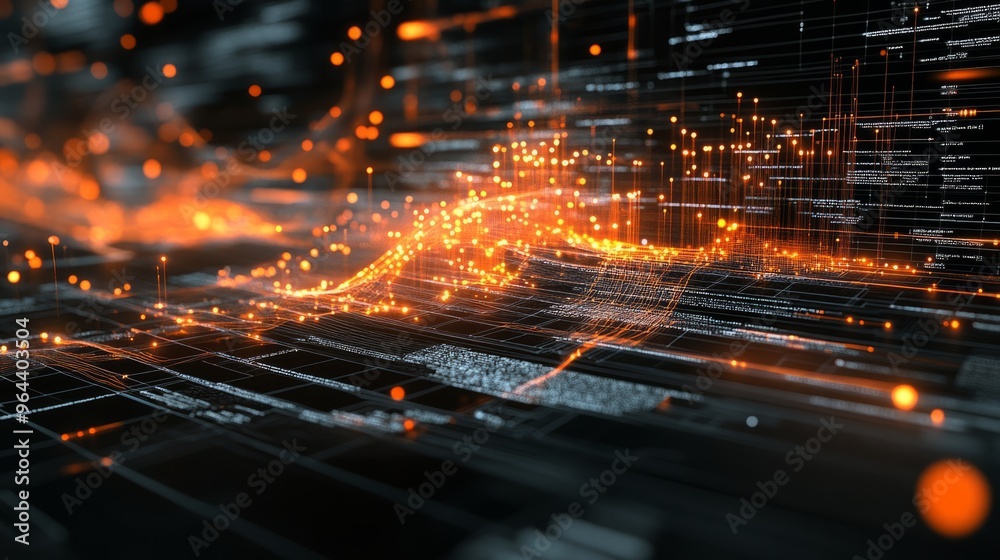 Abstract digital network with glowing orange lines and particles. Abstract digital network with glowing orange lines and particles.