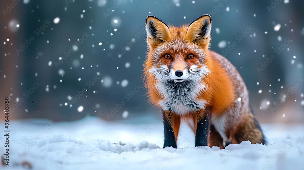 Amid falling snow, a red fox poses with bright eyes, the embodiment of winter�s quiet beauty. Amid falling snow, a red fox poses with bright eyes, the embodiment of winter�s quiet beauty.