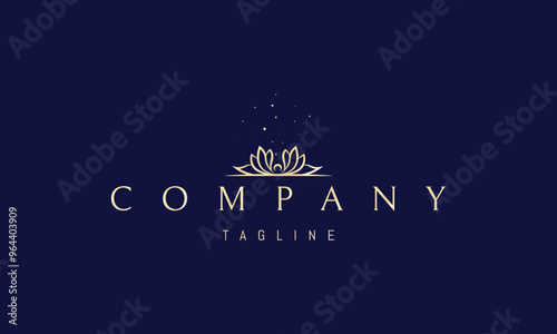 Vector golden logo with an abstract image of a lotus flower with a pearl and stars above it.