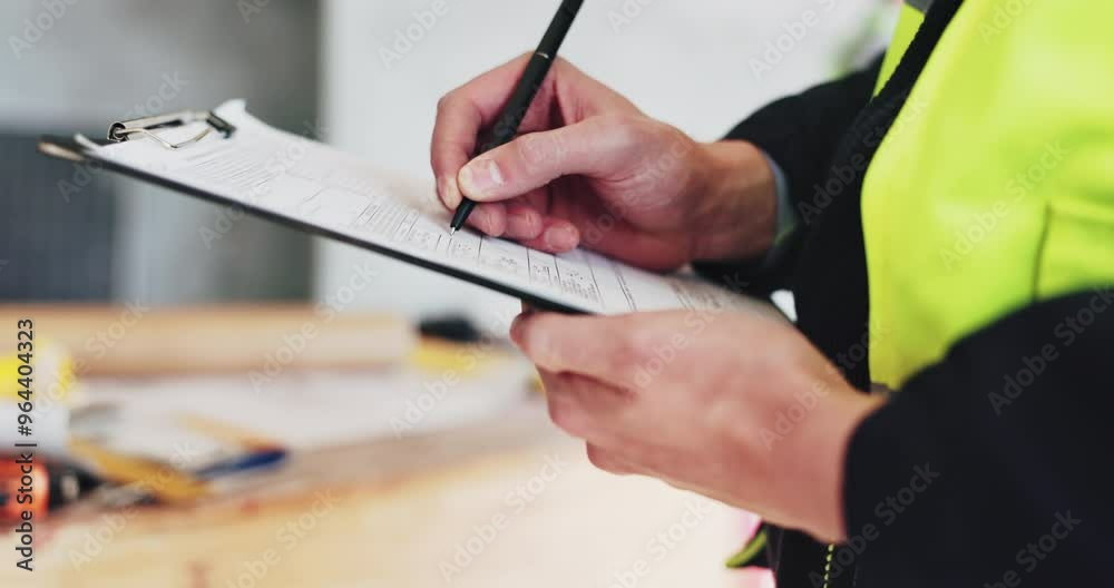 Man, hands and clipboard on construction site for checklist, safety compliance or inspection protocol. Engineer, paper or pen at property development for sign in procedure with survey for information