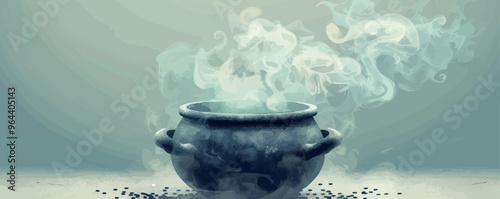 Cauldron with smoke coming out on a white background. Vector flat isolated.