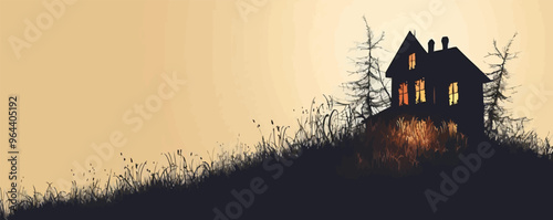 Haunted house silhouette with broken windows. Vector flat isolated.