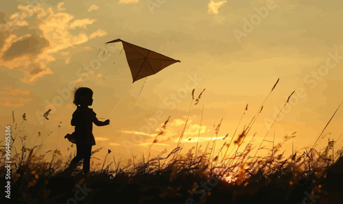 Silhouette of a child flying a kite.