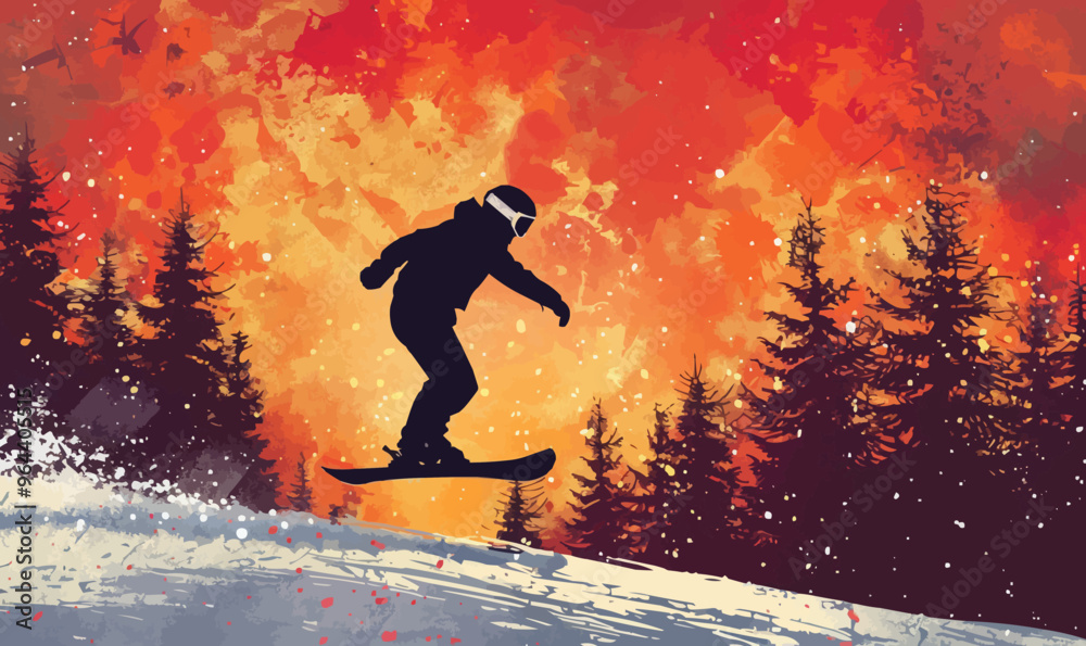 Naklejka premium A silhouette vector of a person snowboarding.