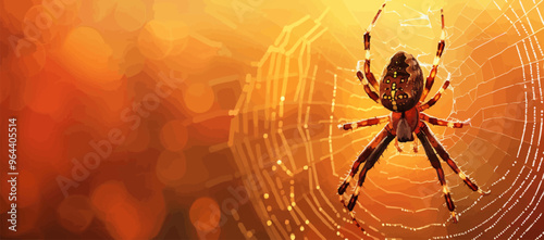 Spider hanging from a web. Vector flat isolated.