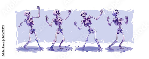 Skeleton doing a spooky dance. Vector flat isolated.