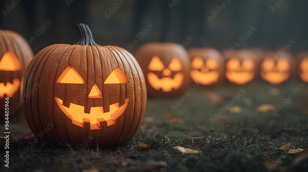 A row of glowing jack-o'-lanterns on a misty evening, showcasing their spooky yet cheerful faces, perfect for Halloween themes.