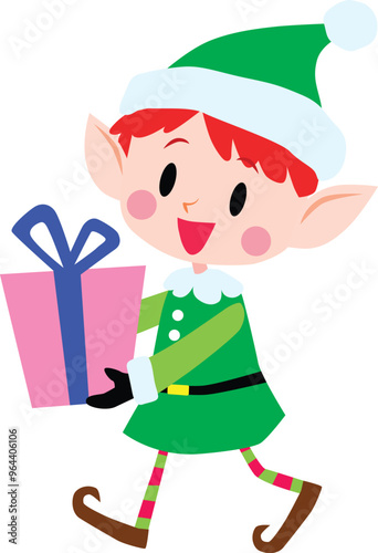 An elf wearing green costume holding a present.  Christmas. Cute, simple, flat. Vector Illustration.  