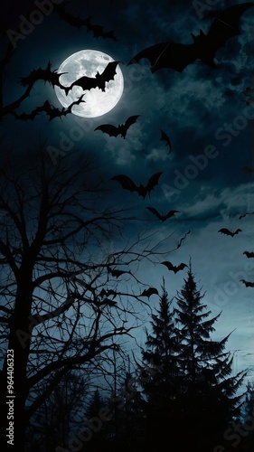 A full moon illuminates the night sky with bats flying overhead and silhouetted trees. Halloween background concept