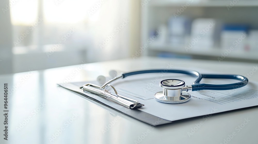 A close-up of a stethoscope and a clipboard with patient charts A close-up of a stethoscope and a clipboard with patient charts