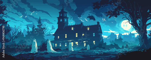 Haunted house with ghostly figures. Vector flat isolated.