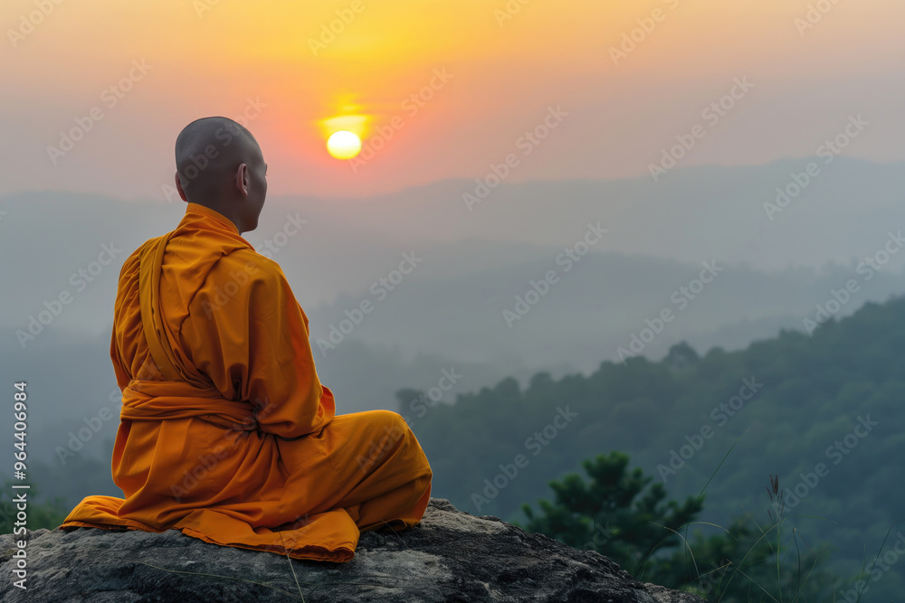 Buddhist monk sitting on the mountain and looking at the sunset Buddhist monk sitting on the mountain and looking at the sunset