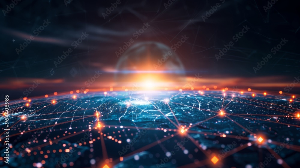 Explore the global impact of blockchain technology over a technological earth background Explore the global impact of blockchain technology over a technological earth background