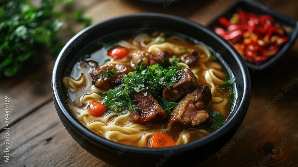 Warm noodle soup with succulent pork ribs and vegetables in a black bowl on a wooden table, showcasing a comforting meal. Warm noodle soup with succulent pork ribs and vegetables in a black bowl on a wooden table, showcasing a comforting meal.