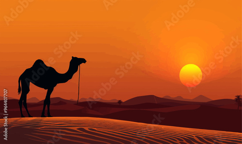 Silhouette vector of a camel in the desert.