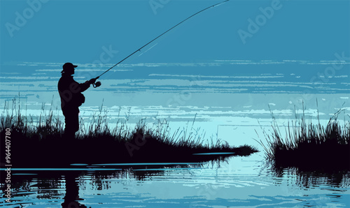 A silhouette vector of a person fishing.