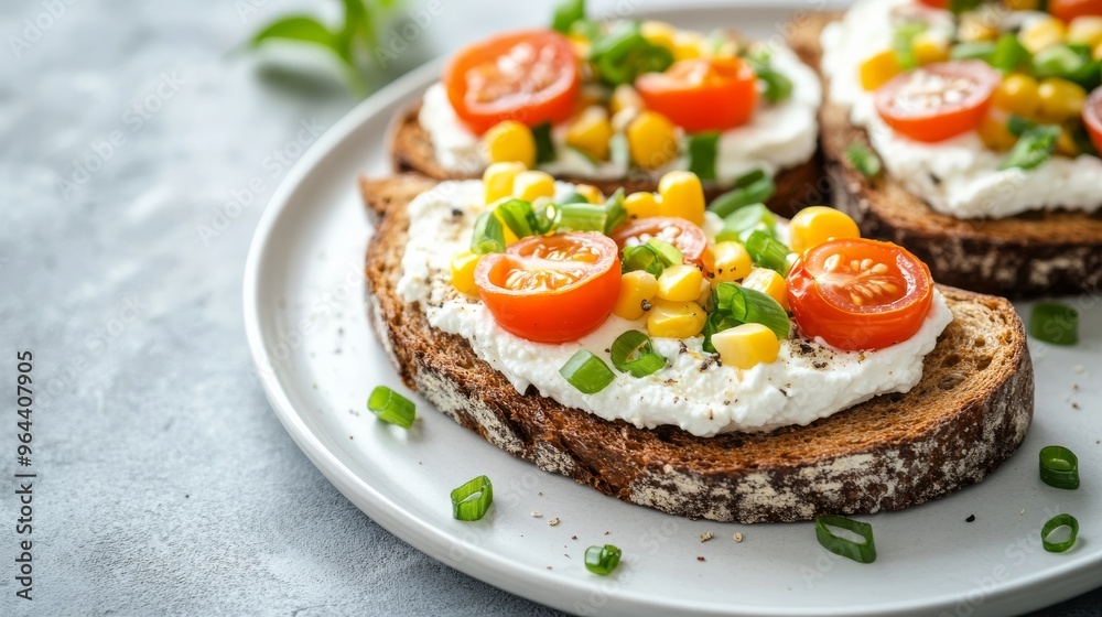Rye sandwiches with ricotta, corn, tomato, and onion. Rye sandwiches with ricotta, corn, tomato, and onion.