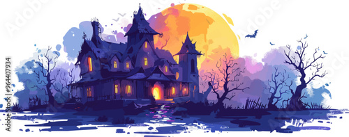 Haunted house with a moon behind on a white background. Vector flat isolated.