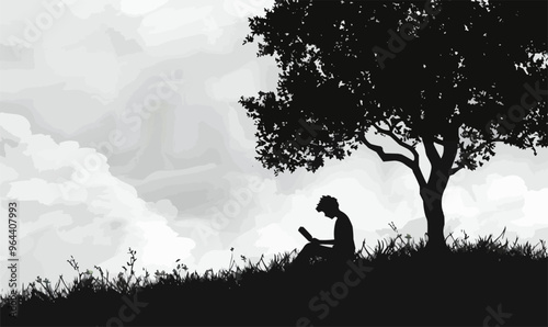 A silhouette vector of a person reading under a tree.