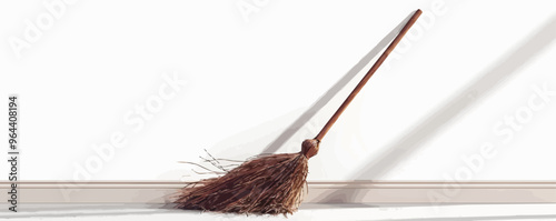 Broomstick leaning against a wall on a white background. Vector flat isolated.