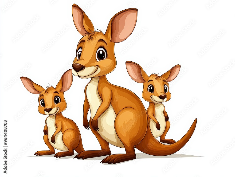 A charming illustration of a kangaroo with two adorable joeys, embodying the spirit of Australia in a playful and colorful design. A charming illustration of a kangaroo with two adorable joeys, embodying the spirit of Australia in a playful and colorful design.