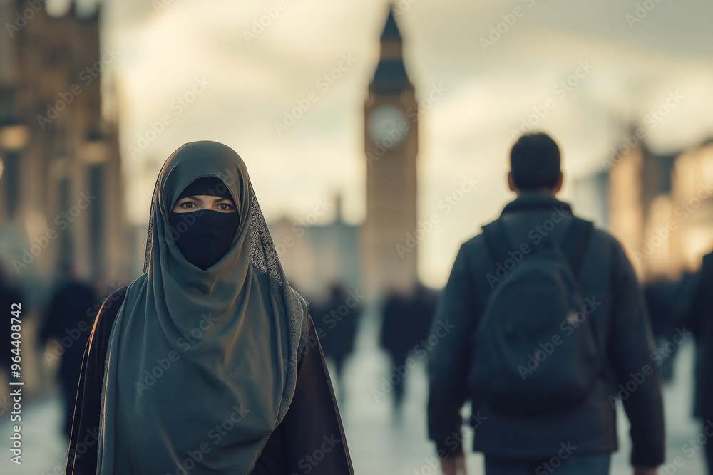 Muslim refugees in Great Britain, Muslim woman in niqab, in burqa in European country, generative AI Muslim refugees in Great Britain, Muslim woman in niqab, in burqa in European country, generative AI