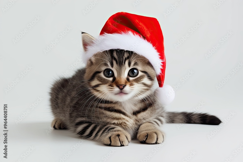 Adorable Kitten in Santa Hat Staring on Pristine White Background Adorable Kitten in Santa Hat Staring on Pristine White Background
