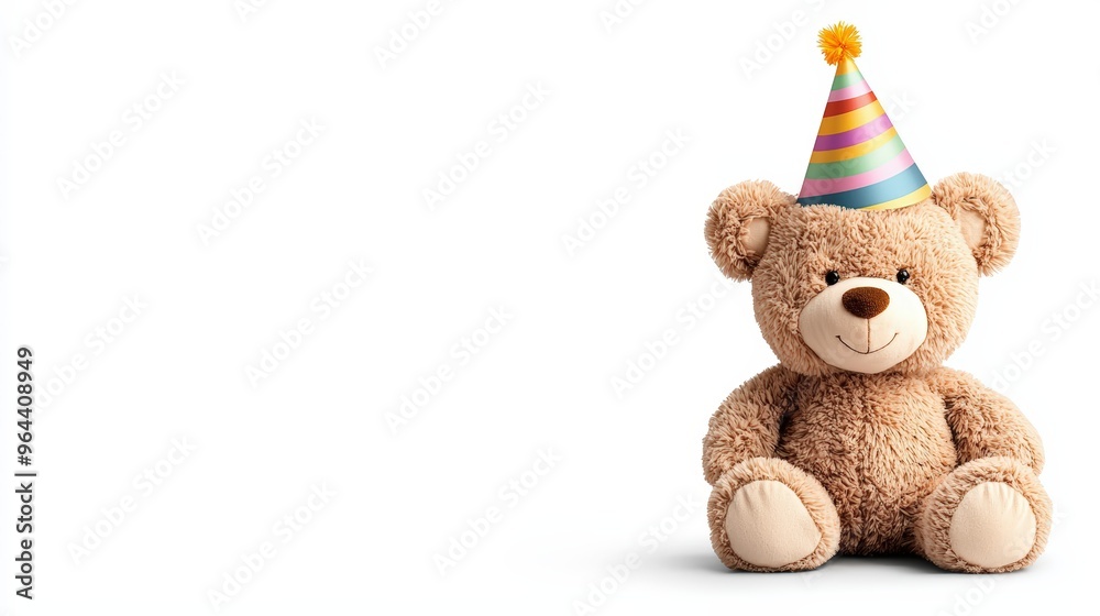 A cheerful teddy bear wearing a colorful party hat, perfect for celebrations, children's parties, or festive decorations. A cheerful teddy bear wearing a colorful party hat, perfect for celebrations, children's parties, or festive decorations.