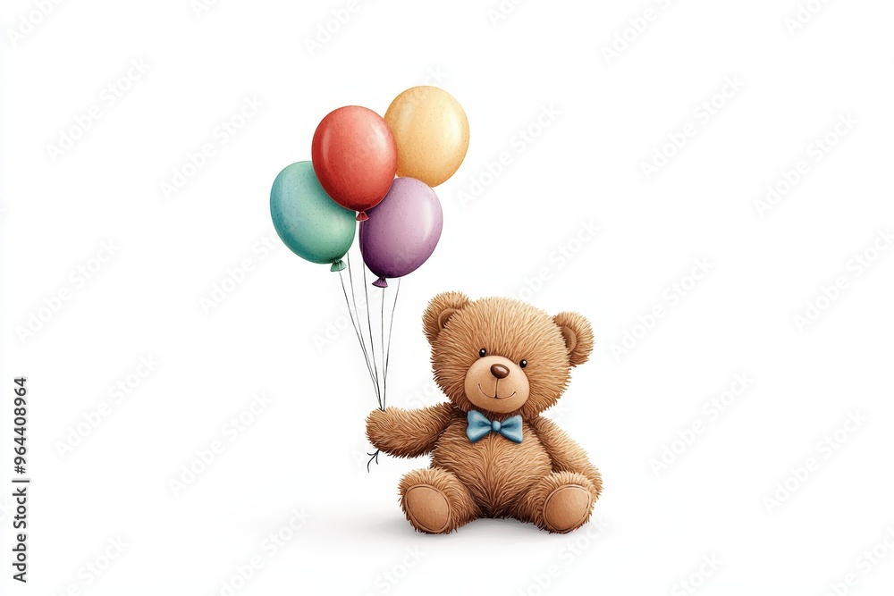 A cheerful teddy bear holds colorful balloons, symbolizing joy and celebration, perfect for children's events and birthdays.