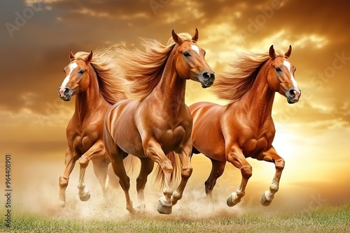 Horses running freely in an open field, manes flowing in the wind, golden hour lighting, expansive sky above.