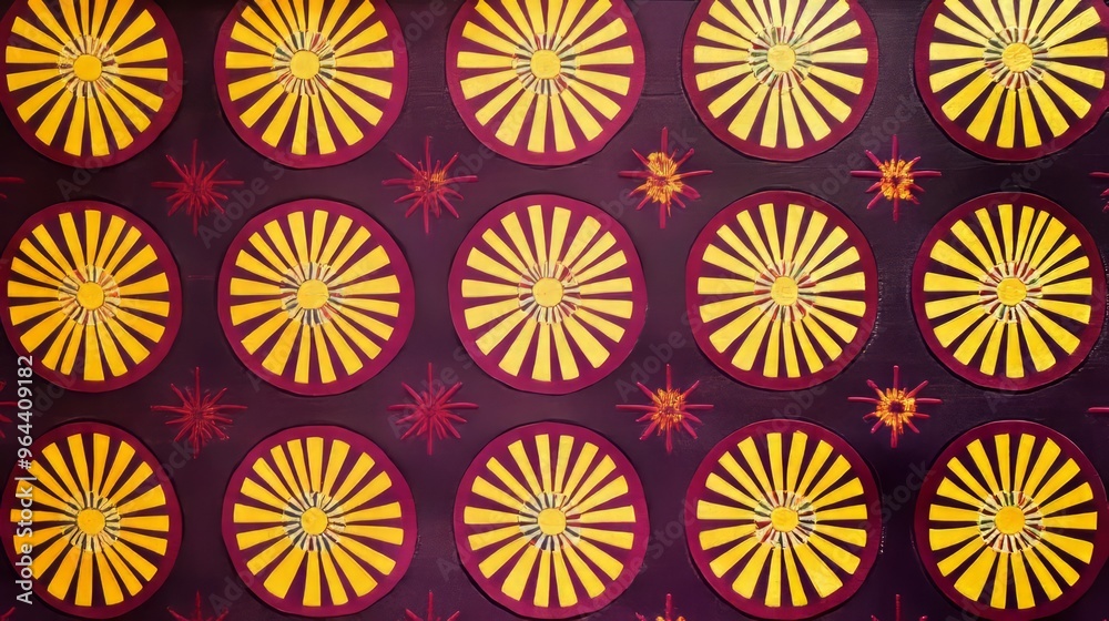 Close-up of a vibrant wall with repeating yellow and red sun-like patterns. Close-up of a vibrant wall with repeating yellow and red sun-like patterns.