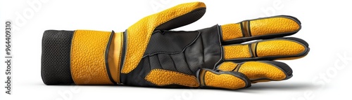 A close-up view of a durable yellow and black work glove, ideal for construction or outdoor activities, showcasing strong grip design. photo