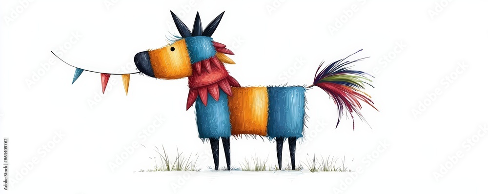 Fototapeta premium A colorful, whimsical creature stands with bunting, showcasing a blend of vibrant colors and playful design in a cheerful setting.