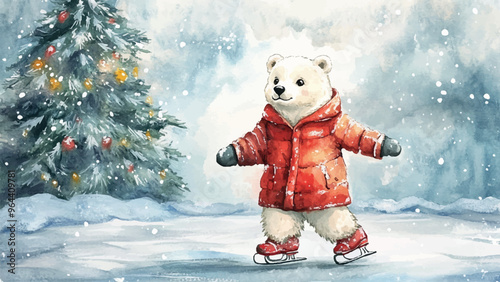 Cute Polar Bear In Red Down Jacket Wearing Ice Skates Skating On Ice Against Christmas Tree Watercolor Illustration For Childrens Book Character Festive Christmas Scene Ice Skating